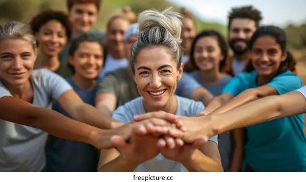 Group of diverse volunteers holding hands in a circle