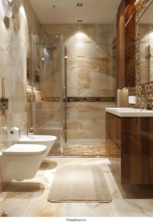 Beige Marble Bathroom Interior with Wooden Vanity and Glass Enclosure