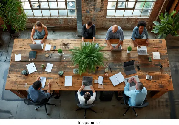 Colleagues working together at a long wooden table in a modern office space