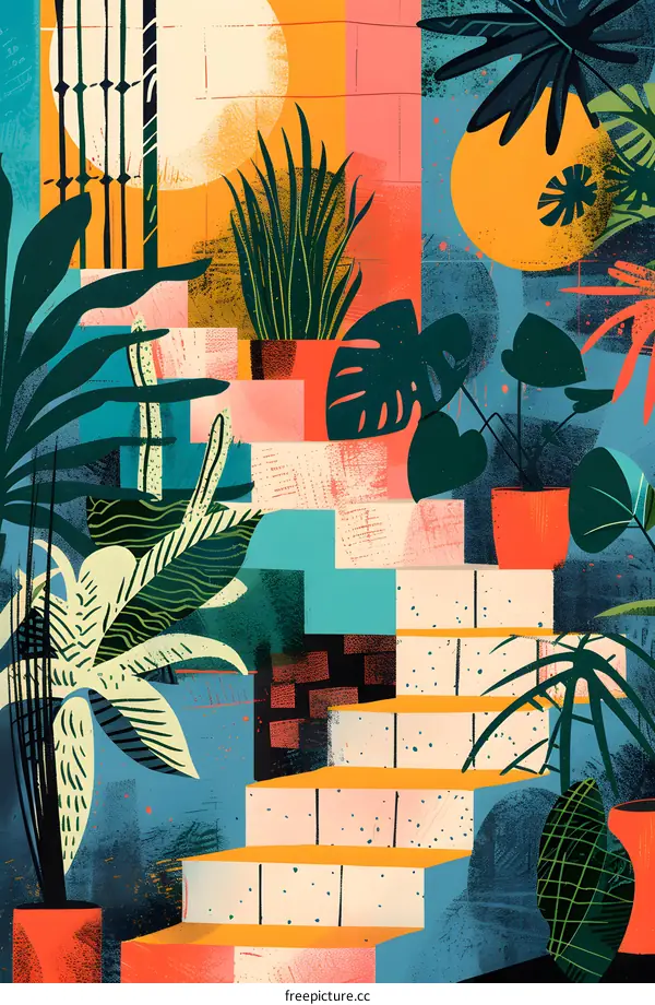 Abstract Illustration of Plants and Stairs