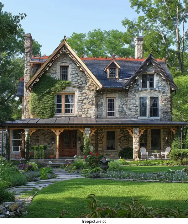 Stone and shingle house with a large porch