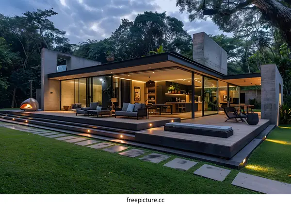 Modern Concrete House with Outdoor Patio and Fire Pit