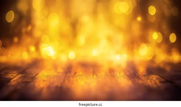 Golden Bokeh Background on Wooden Surface