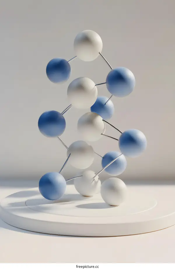 Abstract 3D Illustration of Blue and White Spheres Connected by Silver Rods
