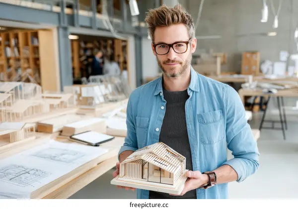 Architect Holding a Wooden House Model in Design Studio