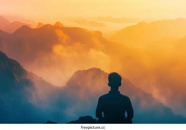 Man Meditating on a Mountaintop at Sunset