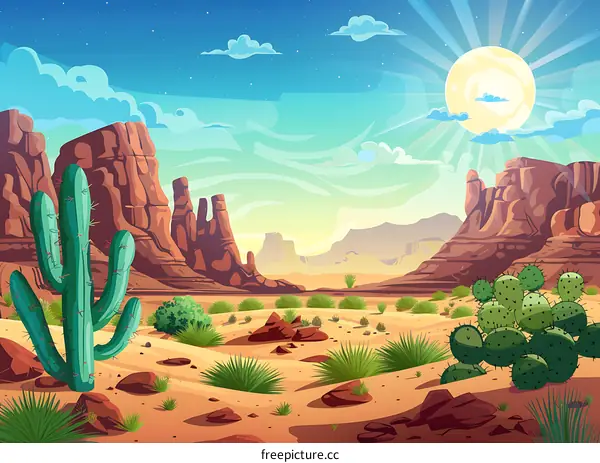 Cactus Desert Landscape With Sun