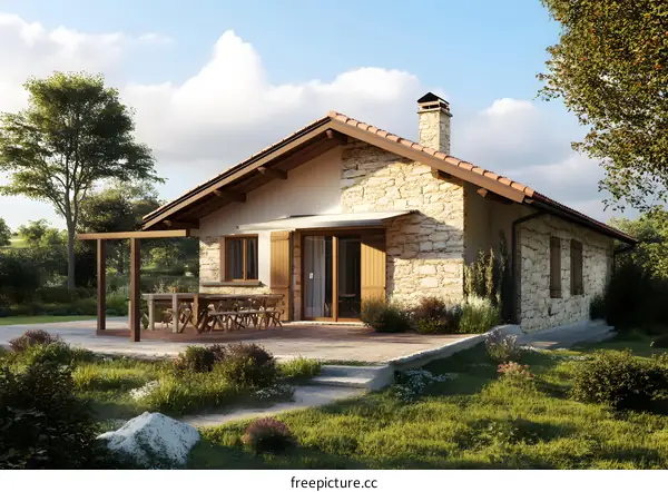 Stone House with Wooden Patio and Pergola in Rural Setting