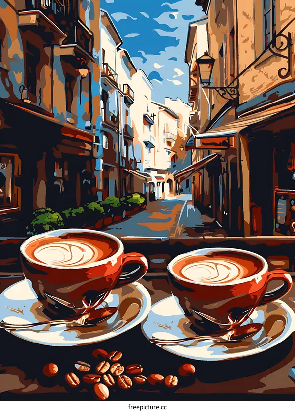 Two Cups Of Coffee In Front Of A City Street View