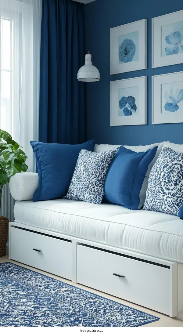 Cozy Blue and White Living Room with Storage Sofa