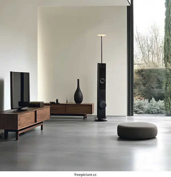 Modern Living Room Interior Design with Tall Floor Lamp and Sound System