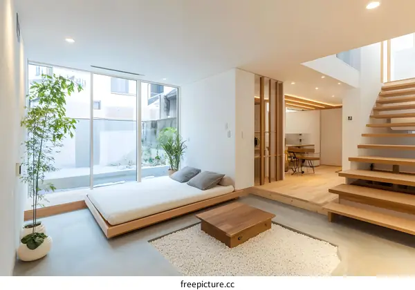 Minimalist Japanese Style Living Room Interior Design with White Pebbles and Wood Elements