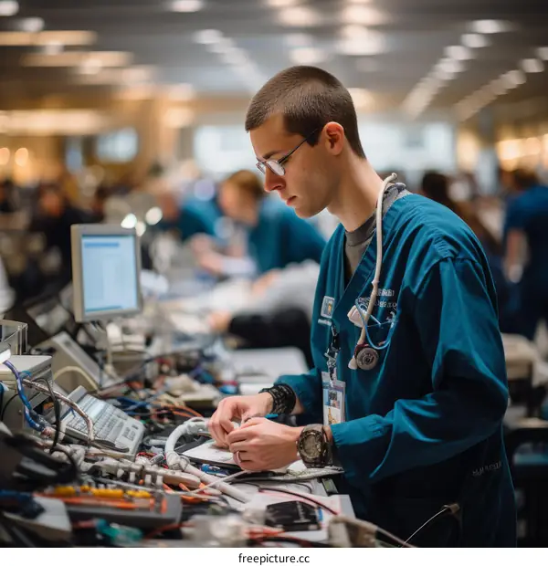 A male nurse wearing glasses is working at a hospital.