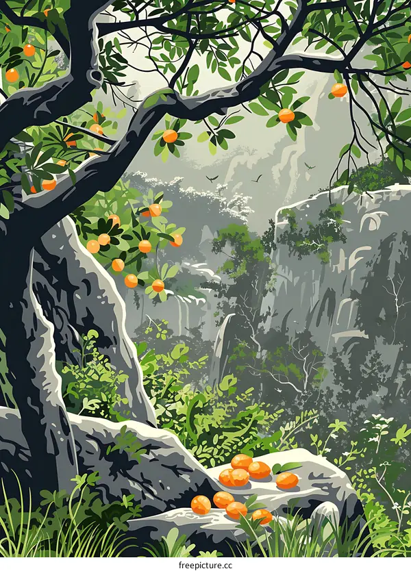 Orange Tree in a Mountainous Landscape