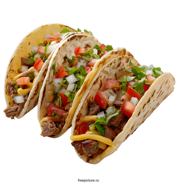 [Transparent Background PNG]Three beef tacos with cheese, tomatoes, onions and cilantro on a white background