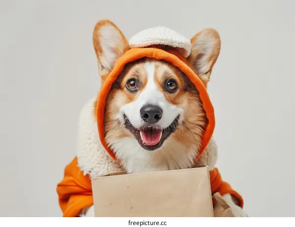 Adorable Dog Wearing Orange Hoodie and Holding a Gift Bag