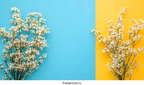 White Flowers on Blue and Yellow Background