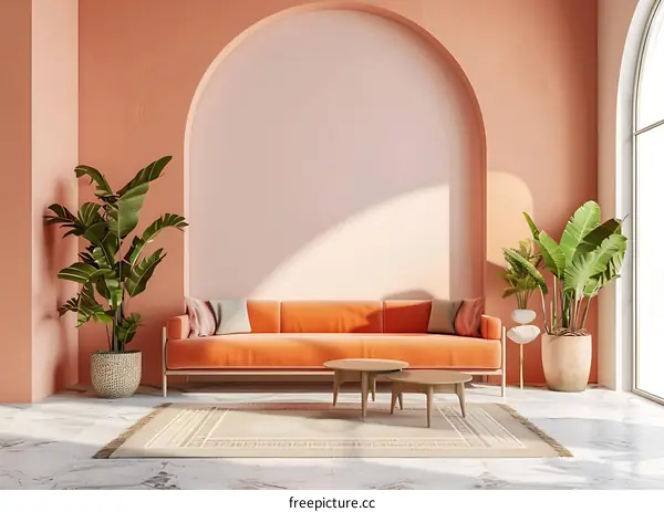 Minimalist Living Room with Coral Walls and Archway