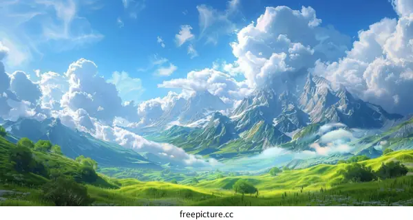 Fantasy Landscape with Majestic Mountains and Colorful Sky