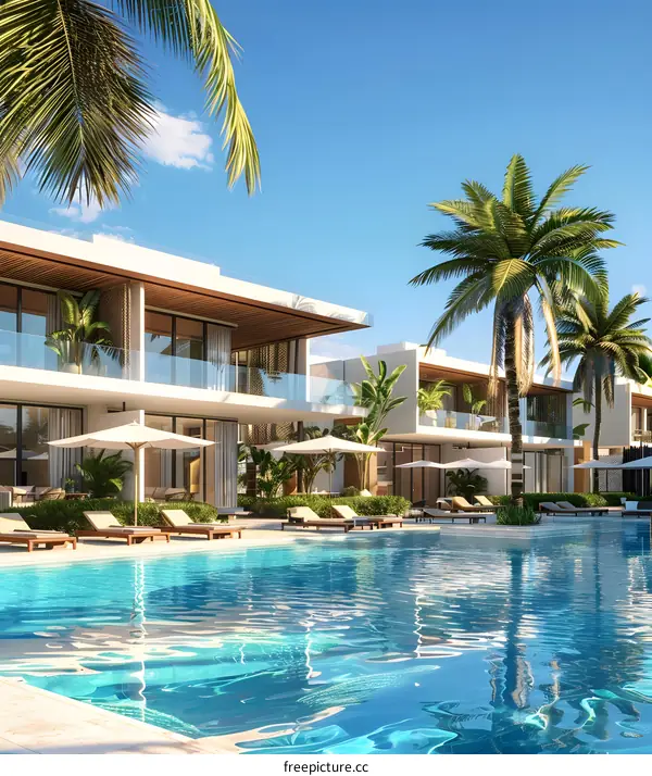 Tropical Resort with Swimming Pool and Palm Trees