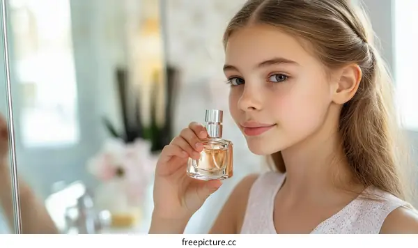 Girl Holding Perfume Bottle in Bathroom