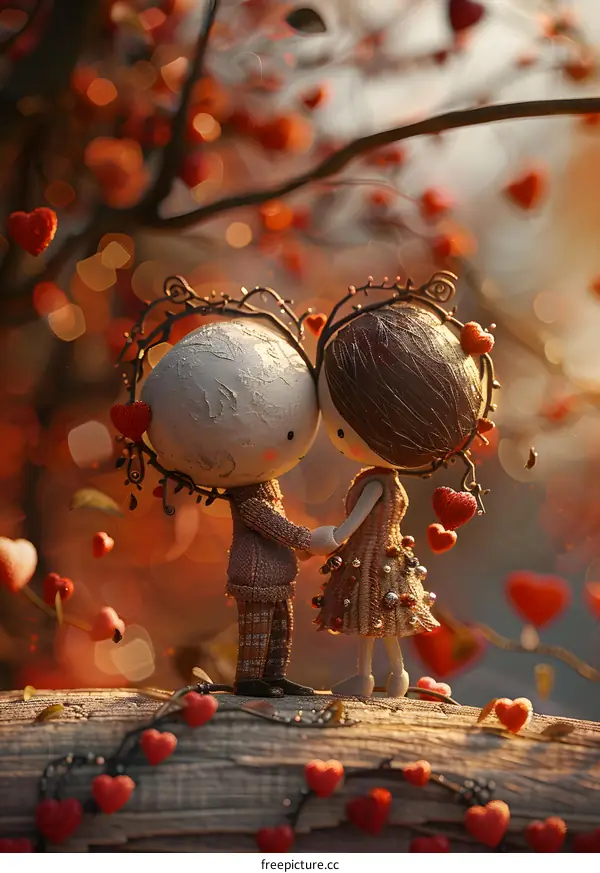 Two cute dolls in love under a tree with red leaves
