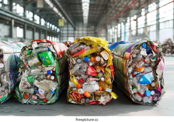 Huge rolls of baled plastic bottles and cans destined to be recycled