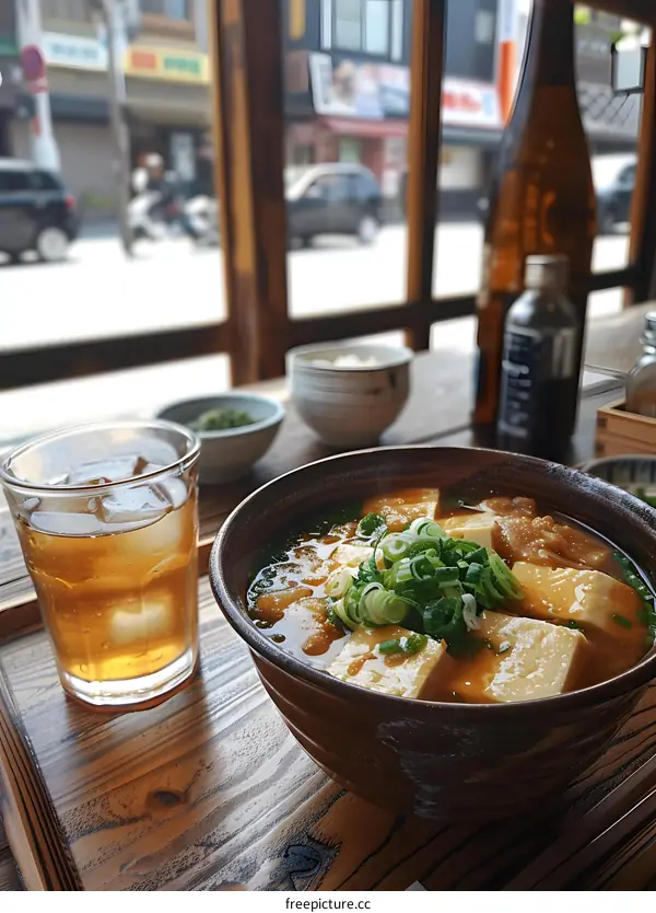 A bowl of miso soup with a glass of iced tea on the side