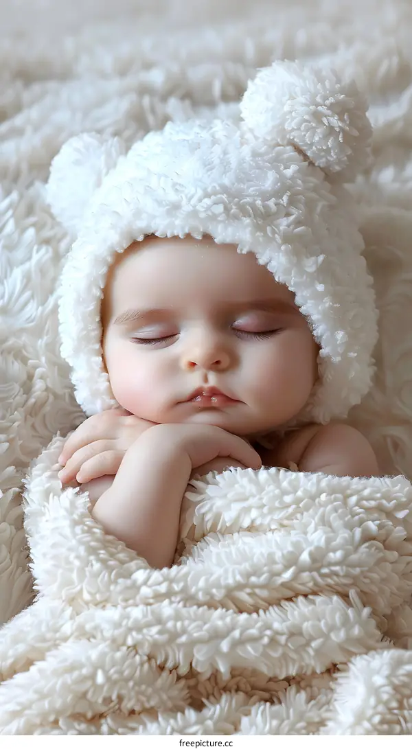 Sleeping baby girl in a white blanket and hat