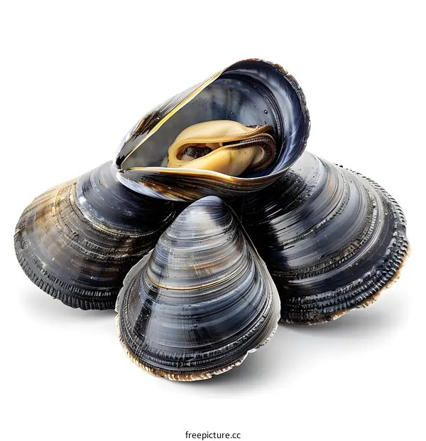 A cluster of fresh raw dark blue clams with one opened revealing the inside