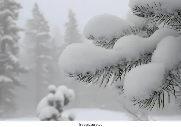 Closeup of Pine Tree Branch Covered in Snow