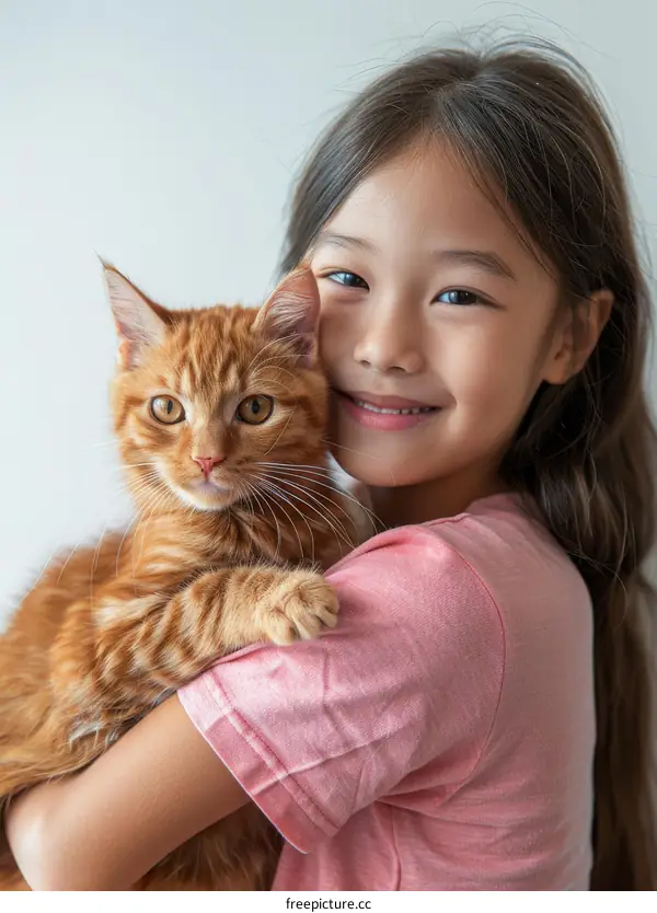 A young girl is hugging an orange cat
