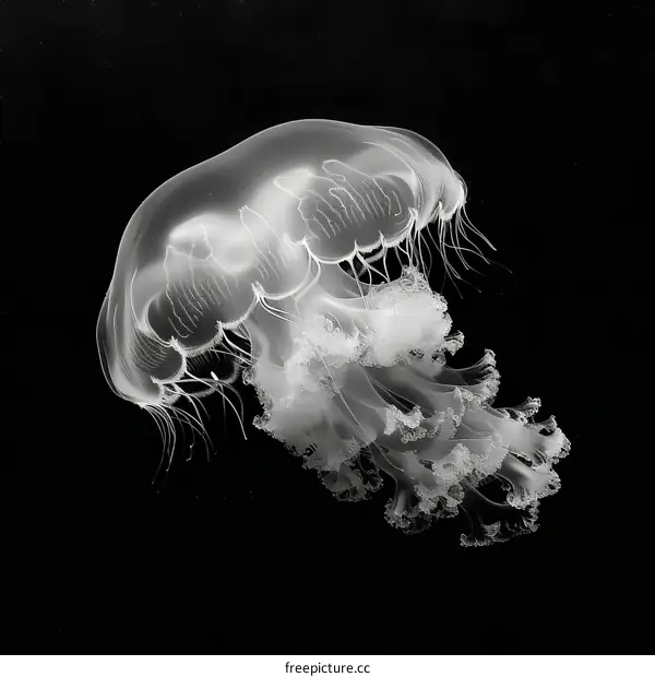 A glowing jellyfish floats gracefully through the dark ocean waters