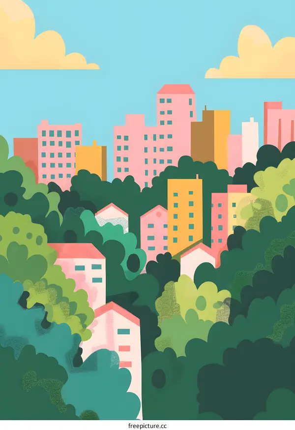 Cityscape with Green Trees and Buildings