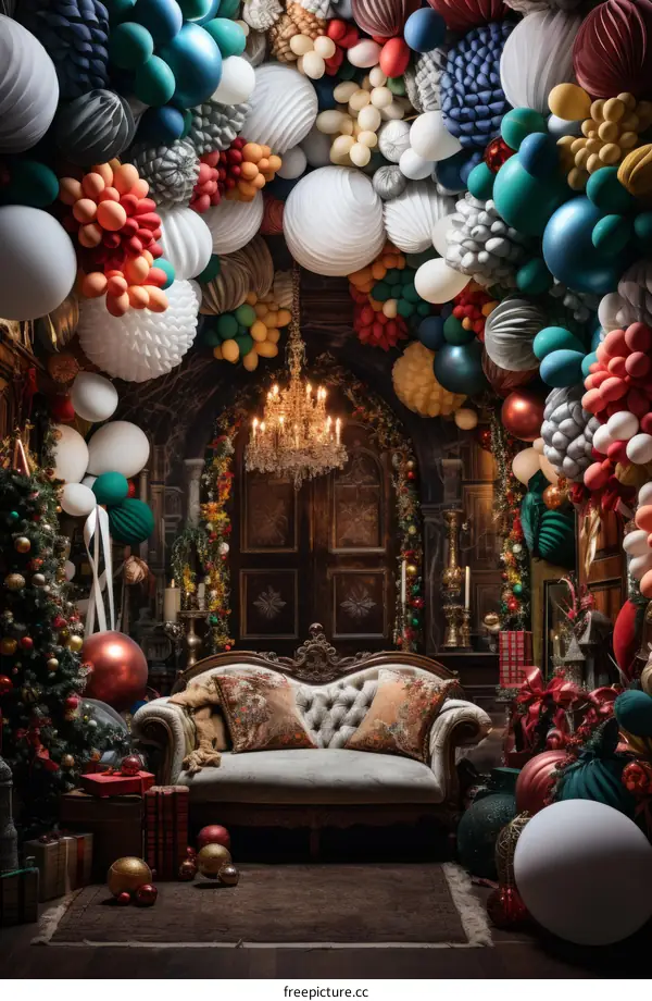 Christmas living room with a lot of balloons and a sofa