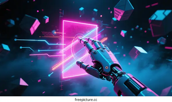 Robotic Hand Interacting with Neon Digital Interface in Futuristic Scene