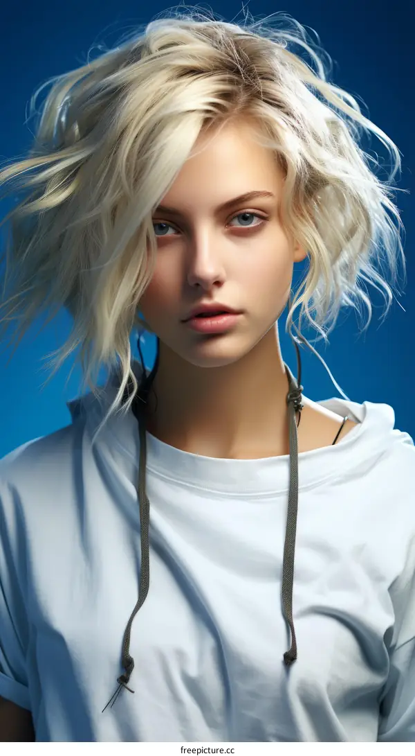 Portrait of a young blonde woman with blue eyes