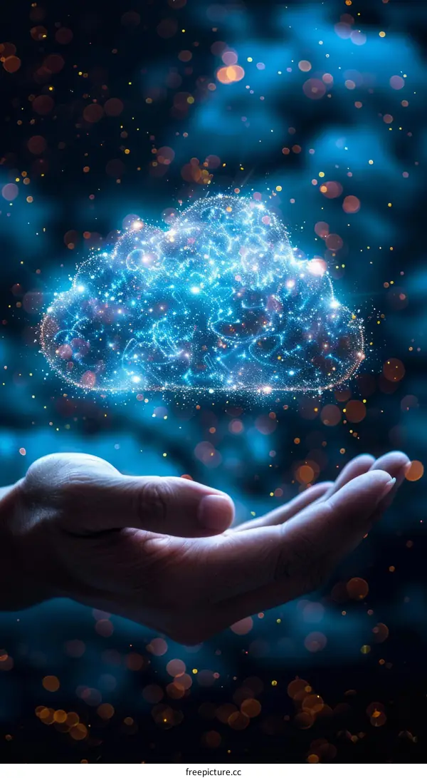 Hand holding a glowing cloud of stars representing data storage and computing power