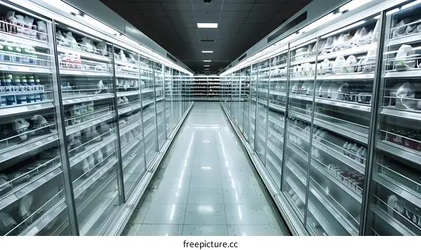 Empty Supermarket Aisle With Refrigerated Shelves