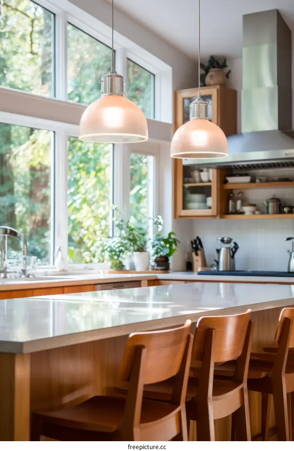 kitchen island with wood chairs and white cabinets