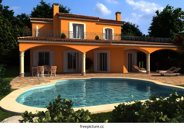 Orange Villa with Swimming Pool and Backyard
