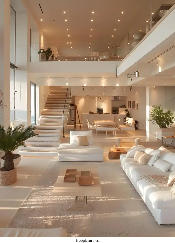 Modern Interior Design with White Couches and Stairs