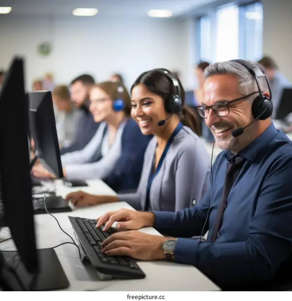 Happy multiethnic business people working together in a call center