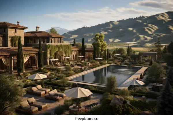 A luxurious mansion with a beautiful pool and stunning mountain views