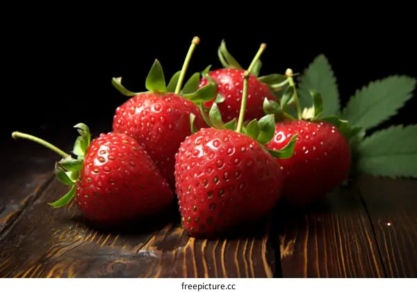 Ripe red strawberries on a wooden table