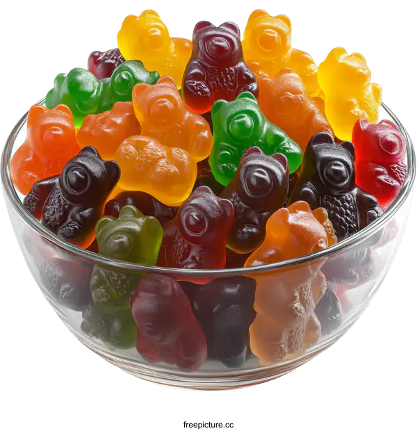 [Transparent Background PNG]Colorful Gummy Bears in a Glass Bowl