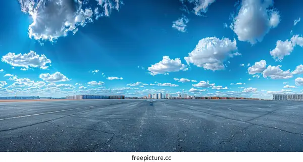 Wide-angle shot of an empty tarmac with a blue sky and clouds