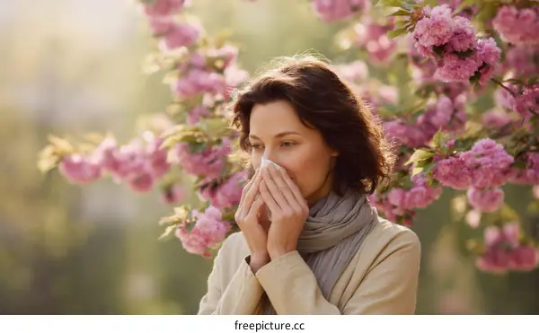 Woman with Allergy Symptoms in Spring Blossom