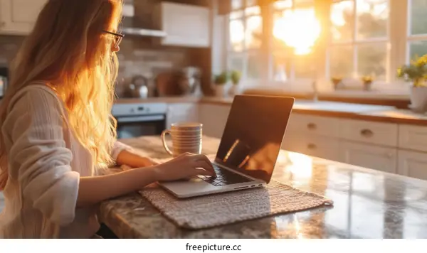 Woman working on laptop in home kitchen