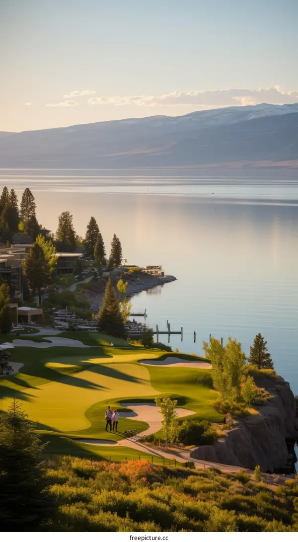 A couple is playing golf on a golf course near a lake surrounded by mountains